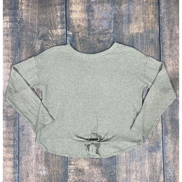 SO Girls Size Large 10/12 Green Waffle Tie Front Long Sleeve Top! - Picture 1 of 9